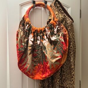 Tropical Print Orange Gathered Handle Large Shoulder Bag